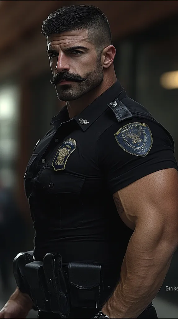 Here's a description of the image:

The image shows a muscular, dark-haired man with a thick handlebar mustache. He is dressed in a black short-sleeved police uniform, complete with badges and a black duty belt with holsters. His intense gaze and powerful physique create a striking image. The background is blurred, focusing attention on the subject. The overall tone is dark and dramatic, highlighting the man's strength and imposing presence.  The watermark "Ginko" is visible in the lower right corner.