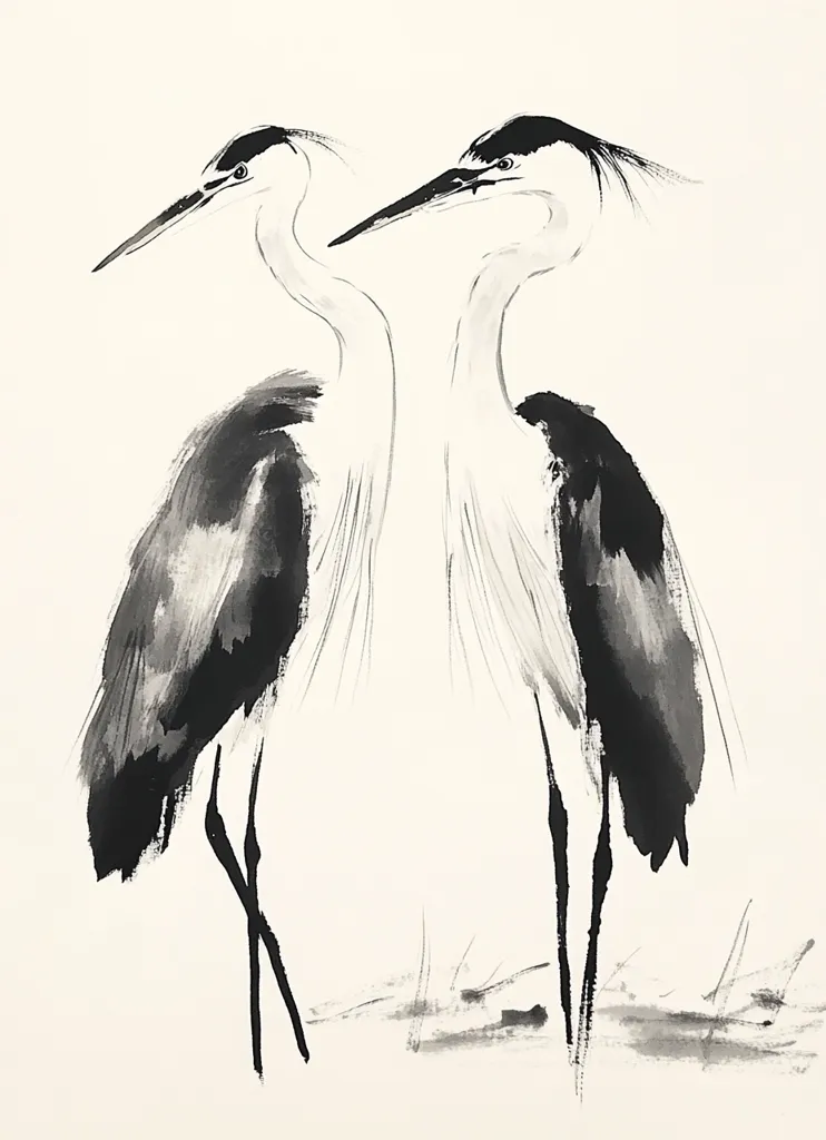 Here's a description of the image:

The artwork is a minimalist black and white ink painting of two herons.  Depicted in a style reminiscent of East Asian ink wash painting, the birds are rendered with fluid, expressive brushstrokes.  Their forms are suggested rather than precisely detailed, with emphasis on the elegant curves of their necks and the delicate lines of their legs. The herons stand close together, their heads slightly turned towards each other, creating a sense of intimacy or companionship. The background is a simple wash of light grey, with subtle indications of ground cover at the base of the birds. The overall effect is one of serene beauty and understated elegance.
