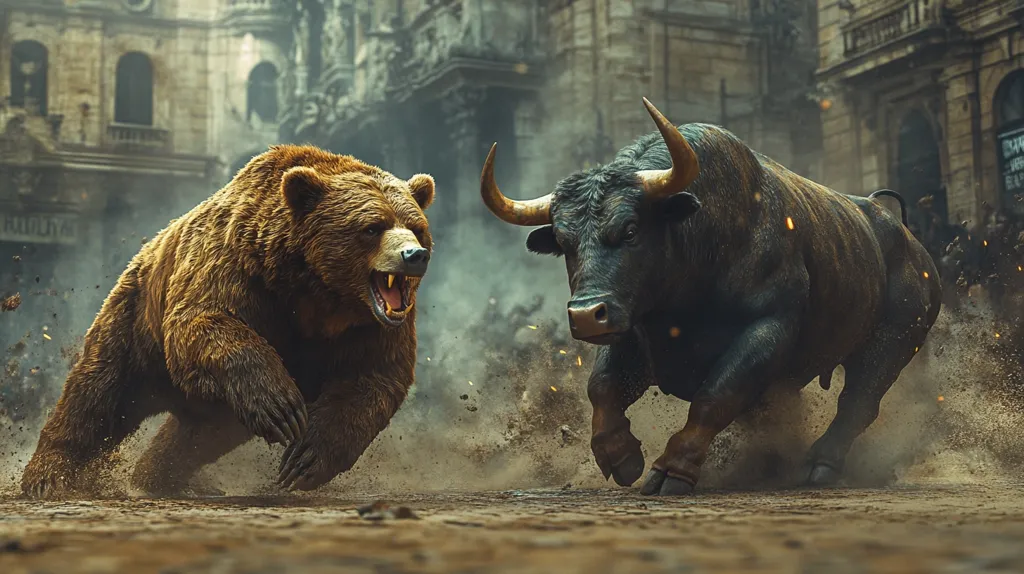 A powerful grizzly bear and a massive bull charge toward each other in a dramatic confrontation.  Dust and debris erupt as they collide, set against the backdrop of a crumbling, ancient city. The scene is intense, suggestive of a clash of opposing forces, possibly representing the market forces of a bull market and a bear market.  The image is rich in texture and detail, creating a visually striking and symbolic composition.
