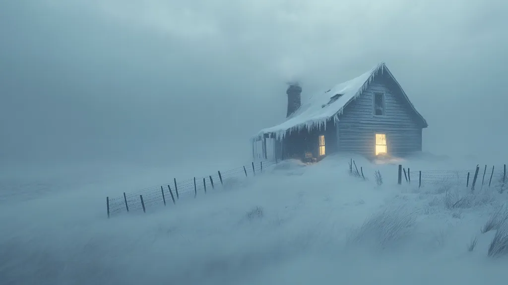 A lone, snow-covered cabin stands on a windswept plain, a single, warm window glowing against the muted blues and grays of a blizzard.  Icicles hang from the eaves, and a thin wisp of smoke rises from the chimney.  A weathered wooden fence partially disappears into the swirling snow, adding to the isolated and somewhat melancholic mood of the scene. The overall atmosphere is one of serene solitude amidst a harsh winter landscape.