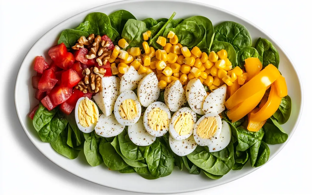 Here's a description of the image:

A vibrant and healthy salad is presented on a white oval platter.  The base is a bed of fresh spinach, topped with a colorful arrangement of diced tomatoes, halved hard-boiled eggs sprinkled with pepper, sweet corn kernels, chopped walnuts, and slices of yellow bell pepper.  The ingredients are neatly organized, creating a visually appealing and appetizing composition. The overall impression is one of freshness and nutritional value.