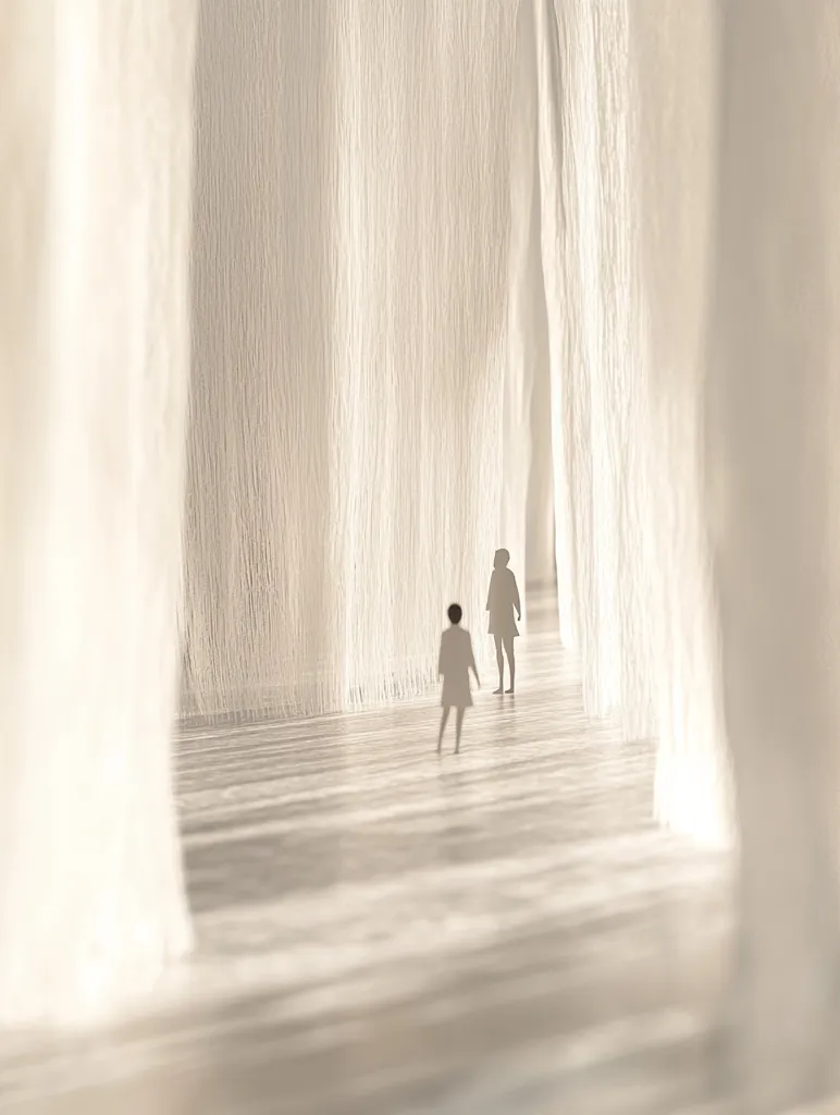 The image depicts a minimalist architectural model.  Two small, silhouetted figures stand in a spacious, light-filled interior.  The space is defined by numerous, sheer, white vertical strands resembling curtains or threads, creating a sense of depth and ethereal beauty. The floor is a smooth, pale surface reflecting the ambient light.  The overall impression is one of serenity and tranquility, suggesting an art installation or contemplative space.