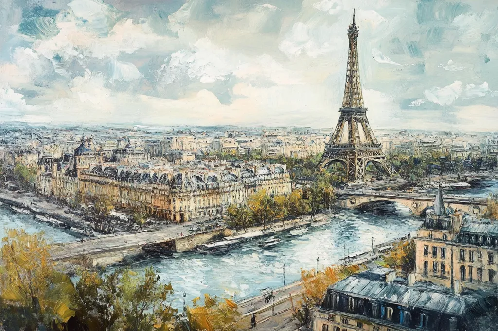 Here's a description of the image:

The painting depicts a picturesque panoramic view of Paris, France, on a partly cloudy day. The Eiffel Tower stands prominently in the background, its metallic structure detailed against the sky. The Seine River flows gracefully through the foreground, with bridges connecting the city's banks. Buildings along the river are rendered in a style suggestive of Impressionism or Post-Impressionism, with visible brushstrokes creating texture and light. The overall palette is muted, with soft blues, greys, and creams dominating, suggesting a tranquil atmosphere.  Autumnal hues are present in the trees lining the riverbanks.  The style is painterly, emphasizing the artist's interpretation rather than strict realism.