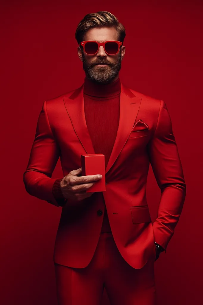 A stylish man with a beard and blond hair models a vibrant red suit and turtleneck.  He's wearing red sunglasses and holds a small, square red box, possibly a gift. The backdrop is a matching solid red, creating a monochromatic and bold visual. His expression is serious and confident, projecting a sophisticated and fashionable image. The overall aesthetic is sleek and modern.