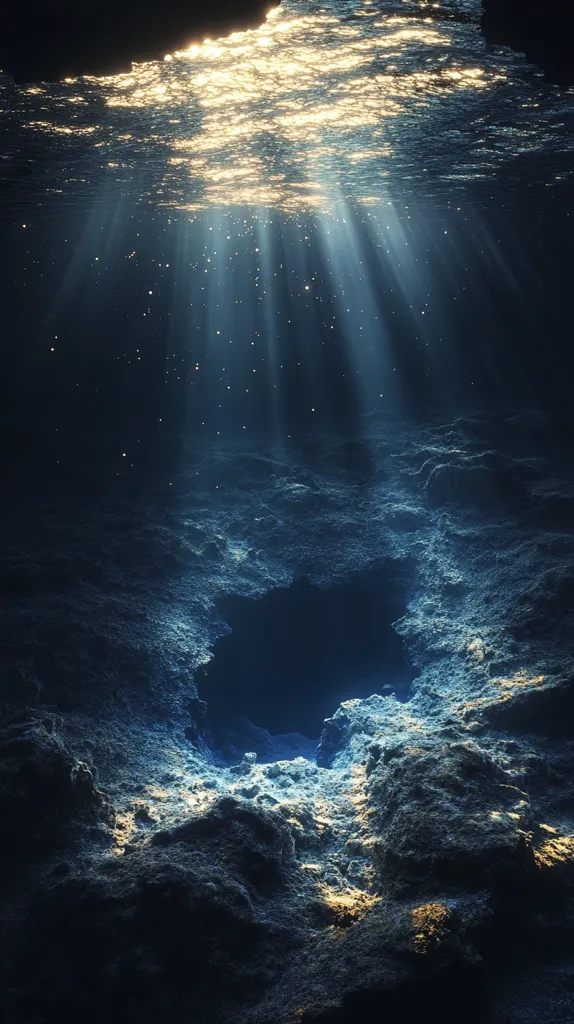 Here's a description of the image:

The image depicts an underwater scene, possibly a cave or crevice, bathed in ethereal light filtering from above the water's surface.  The water is relatively calm, allowing beams of light to penetrate the darkness below.  The underwater terrain is rugged and textured, composed of dark, rocky formations.  A large, shadowy opening or deeper chasm is visible in the center of the lower portion of the image, adding to the mysterious atmosphere.  The overall effect is one of serene, otherworldly beauty, highlighting the contrast between the bright surface light and the deep, dark underwater world.
