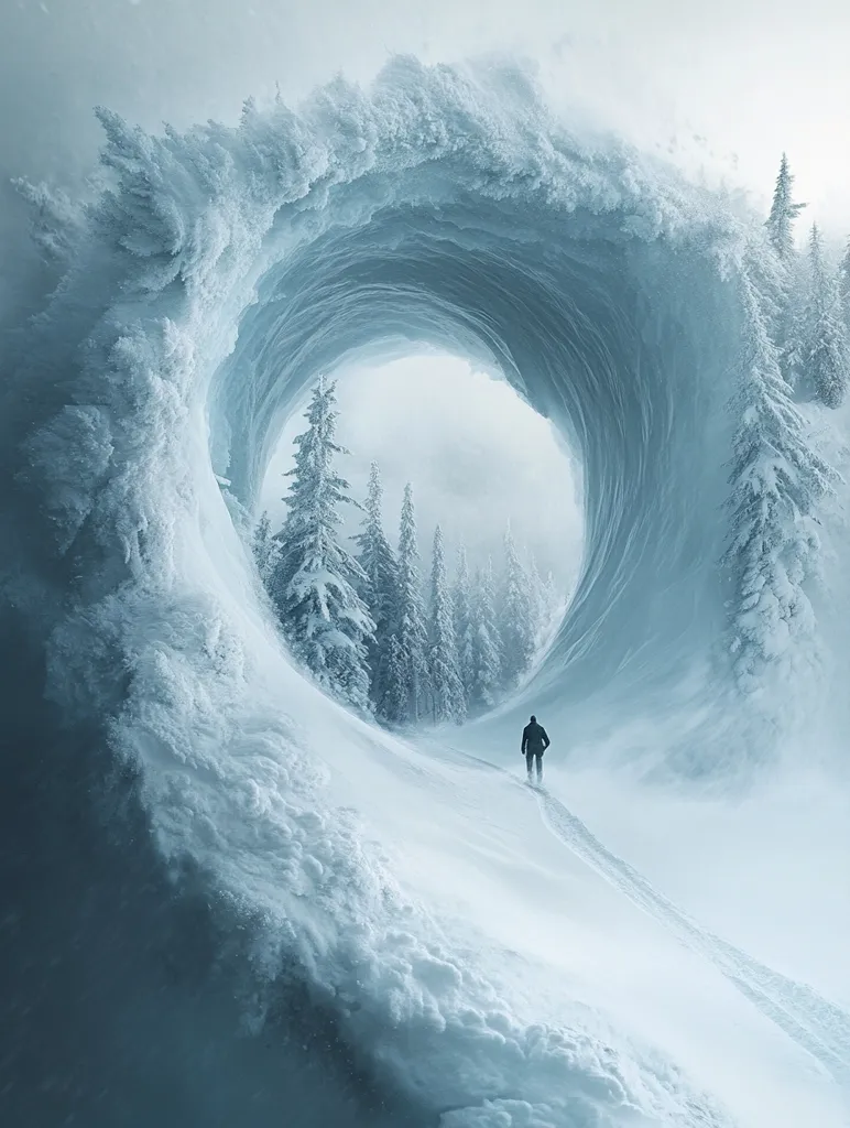 A lone figure walks a snow-covered path towards a breathtaking, surreal landscape.  A massive, frozen wave, sculpted from ice and snow, forms a circular tunnel leading to a tranquil, snow-laden forest. The scene is monochromatic, dominated by cool blues and whites, creating a mystical and awe-inspiring atmosphere. The contrast between the vastness of the icy wave and the small human figure emphasizes the scale and power of nature.  The image evokes a sense of wonder and adventure in a frozen, otherworldly realm.