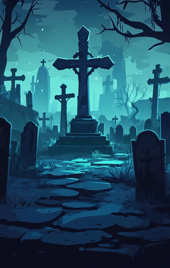 A stylized illustration depicts a moonlit graveyard. A large, central cross stands prominently, surrounded by numerous headstones and crosses of varying sizes. The path leading to the central cross is made of uneven, dark stones. The overall color palette is a cool, teal and blue, emphasizing the nighttime setting. Bare, dark trees frame the scene, adding to the eerie atmosphere. The style is somewhat reminiscent of a video game backdrop or concept art.