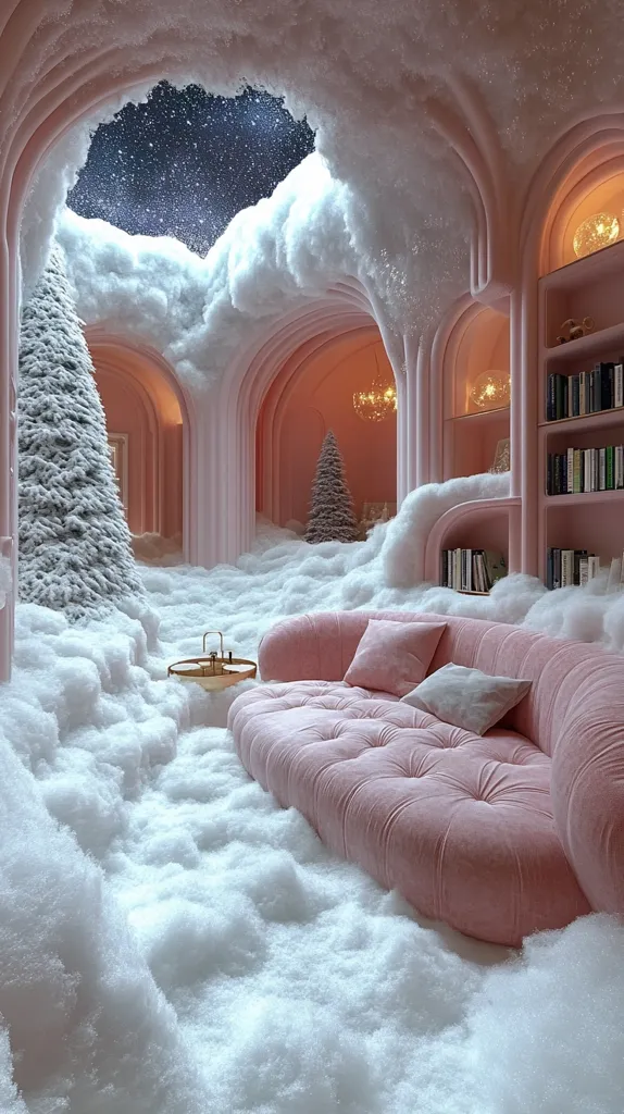 A whimsical, snow-filled room features a blush pink sofa, nestled amidst artificial snowdrifts.  A ceiling opening reveals a starry night sky.  Pink arched alcoves house bookshelves and Christmas trees, creating a surreal and cozy winter wonderland atmosphere.  The overall design is luxurious and fantastical, blending elements of a library and a snowy landscape.