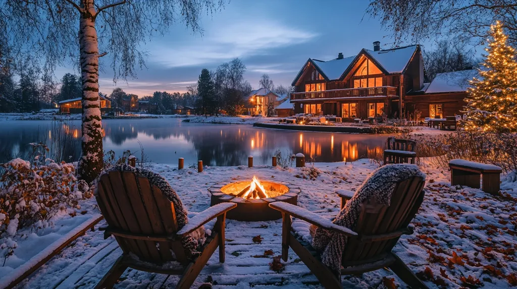 A snow-covered winter wonderland scene unfolds, centered around a crackling fire pit between two cozy Adirondack chairs draped in warm blankets.  A stunning log cabin, illuminated from within, sits on the edge of a calm, reflective lake.  The scene is idyllic, with a Christmas tree sparkling in the background, and the soft glow of twilight painting the sky. The overall atmosphere evokes peace and tranquility.