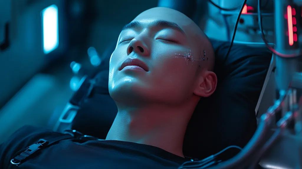 A bald, young man with his eyes closed lies reclined in a futuristic, dark-blue lit medical chair.  He appears relaxed or possibly unconscious.  Small, light-colored markings are visible on his cheek, suggesting medical sensors or implants. The background is blurry, showing technological equipment consistent with a sci-fi or medical setting.  The overall mood is one of technological advancement and possibly medical experimentation.