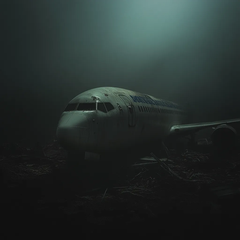 Here's a description of the image:

The image shows a derelict airplane, partially obscured by a thick, dark fog or mist.  The plane, a Boeing 737, appears weathered and abandoned, its once-bright livery now faded and dirty.  Only the front section is clearly visible, emphasizing the nose and cockpit. The surrounding environment is dark and desolate, strewn with debris suggesting neglect and possible wreckage. The overall mood is eerie and mysterious, with a strong sense of abandonment and decay.  A faint, ethereal light source is visible in the upper background, casting a dim glow on the scene.