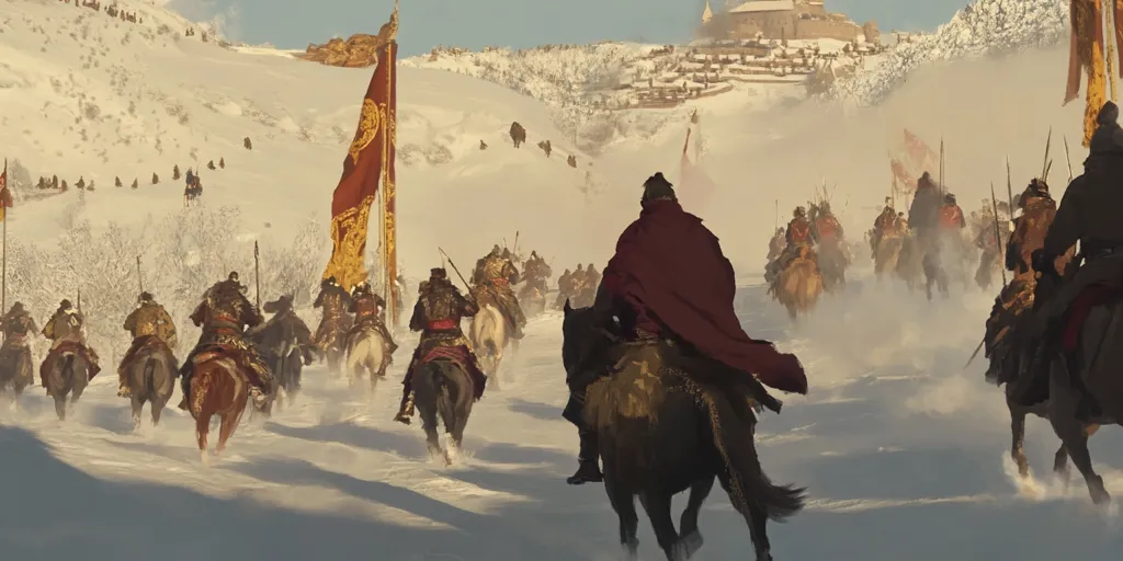 A large army of mounted soldiers, cloaked in muted tones, traverses a snowy landscape.  They ride towards a distant, snow-covered fortress perched atop a hill. A prominent crimson and gold banner leads the charge, its rich colors contrasting the stark white of the winter scene.  The figures are somewhat obscured by a haze of snow and distance, giving the image a dramatic and epic feel.  The overall atmosphere is one of cold, determined movement towards a distant goal.