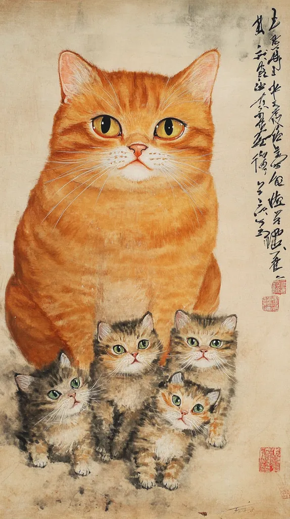 A painting depicts a large, orange tabby cat seated majestically, flanked by three smaller, tabby kittens.  The mother cat gazes directly at the viewer with large, expressive eyes. The kittens are clustered at her paws, their own wide eyes reflecting a similar inquisitiveness. The artwork is done in a style that suggests Asian brush painting, with soft color washes and a slightly textured background.  Chinese calligraphy runs vertically along the right edge of the painting.