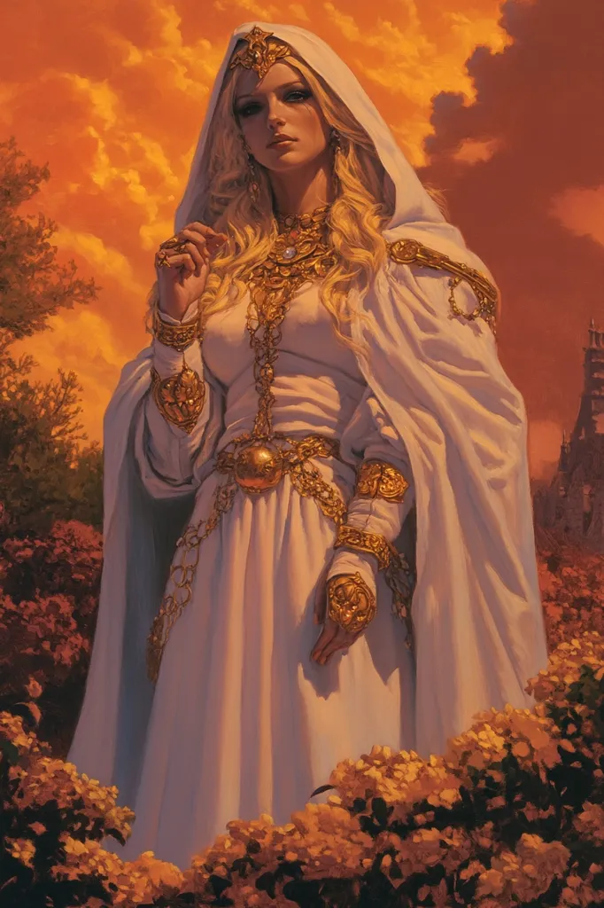 The painting depicts a fair-haired woman, regal and serene, in a flowing white gown and hooded cloak.  She's adorned with elaborate gold jewelry: a crown, necklaces, bracelets, and a belt.  Her expression is pensive.  She stands amidst a flowering bush, the warm, sunset-hued sky providing a dramatic backdrop.  A glimpse of a stone structure is visible in the distance, suggesting a castle or other significant building. The overall style is fantasy or high fantasy, with a focus on the ethereal beauty of the woman and her surroundings.