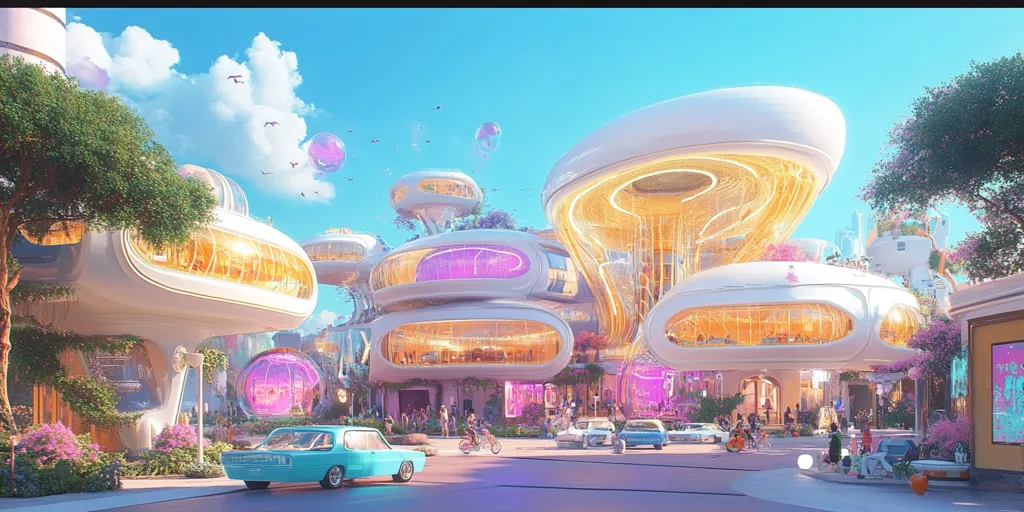 This digital artwork depicts a futuristic city street scene.  Buildings are organic, mushroom-shaped structures with glowing interiors, interspersed with lush greenery and vibrant pink flowers.  Cars reminiscent of the 1960s cruise down a wide street, while pedestrians and cyclists enjoy the sunny day.  Floating, iridescent orbs add to the whimsical, utopian atmosphere of the illustration.  The overall style is bright, cheerful, and fantastical.