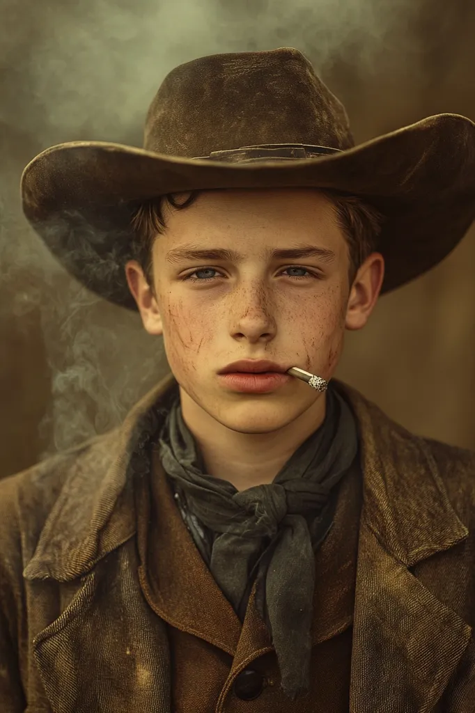 Here's a description of the image:

The photograph showcases a young, freckled boy, possibly a teenager, dressed in a period costume reminiscent of the American Old West. He wears a weathered brown cowboy hat, a dark brown corduroy jacket, and a dark-colored neckerchief tied loosely around his neck.  A cigarette is held between his lips. His expression is serious and slightly sullen.  The background is blurred, creating a muted, sepia-toned effect that enhances the vintage feel.  A hazy smoke adds to the atmospheric setting, giving the image an almost cinematic quality.