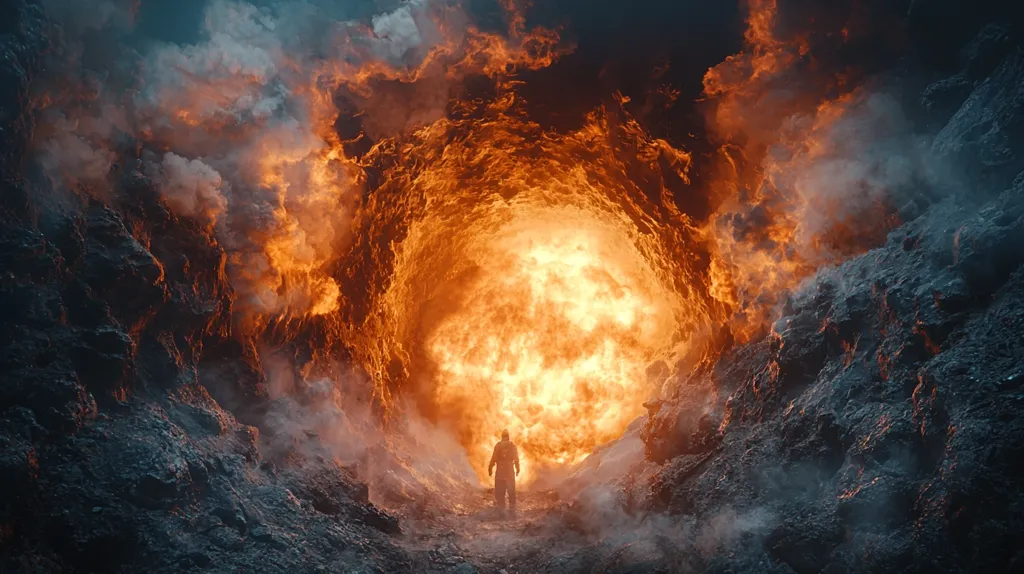 A solitary figure in a protective suit stands before a massive, fiery chasm.  The inferno rages within a cavernous opening, billowing smoke and intense orange flames. Dark, rough-textured rocks surround the fiery maw, creating a dramatic, otherworldly landscape.  The scene is surreal and evokes feelings of both awe and potential danger. The contrast between the small figure and the immense, fiery expanse emphasizes the scale and power of the natural phenomenon.