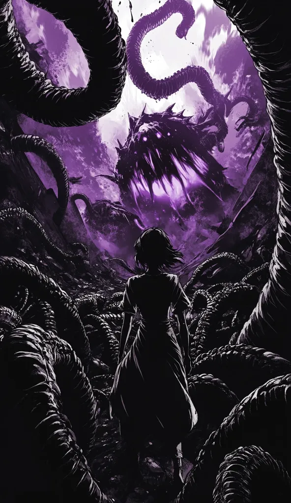 The artwork depicts a young woman, silhouetted in a simple dress, facing a colossal, monstrous creature. The creature has a gaping maw filled with jagged teeth, and its body is partially obscured by writhing, tentacle-like appendages that also envelop the surrounding landscape.  The overall color palette is a dark, purplish hue, creating a sense of dread and impending doom. The woman's small stature against the immense beast emphasizes her vulnerability in the face of overwhelming horror.  The scene is rendered in a style reminiscent of graphic novels or dark fantasy illustration, with heavy blacks and deep shadows.