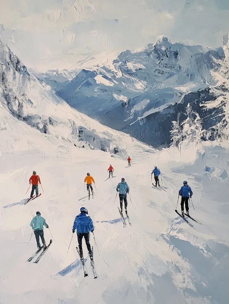 A vibrant painting depicts a group of skiers descending a snowy mountain slope. The skiers, wearing colorful jackets, are scattered across the white expanse, their tracks faintly visible in the snow.  The background showcases a dramatic, snow-covered mountain range under a bright, slightly hazy sky. The artist's impasto technique creates a textured, almost three-dimensional effect, particularly in the depiction of the snowy mountains and the skiers' movements. The overall feeling is one of serene winter activity against a backdrop of majestic natural beauty.