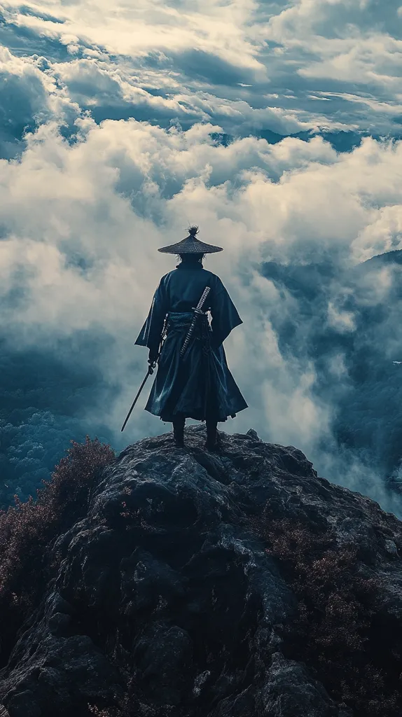 A lone figure, clad in a dark, flowing robe and conical hat, stands atop a rocky outcrop.  A katana is sheathed at their back.  They gaze out over a breathtaking vista of swirling clouds and distant mountains, a scene shrouded in a moody, atmospheric blue tone. The image evokes a sense of solitude, contemplation, and perhaps, a journey's end.  The overall feeling is one of serene power and mystery.