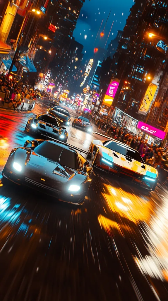Here's a description of the image:

The image depicts a nighttime street race in a vibrant, futuristic city.  Several sleek, modern sports cars speed down a rain-slicked road, their headlights cutting through the darkness.  The city is alive with bright neon signs and bustling crowds lining the streets, creating a dynamic and energetic atmosphere.  Snow or light rain falls, adding to the visual impact. The overall scene is high-energy and evokes a sense of speed and excitement.