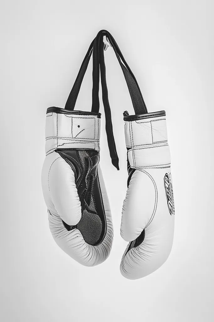 A pair of white boxing gloves with black accents hang from a hook against a plain white background. The gloves are predominantly white leather, with black detailing around the wrists and on the interior. They appear new and unused, their clean lines and crisp stitching emphasized by the monochrome aesthetic. The image's simplicity highlights the gloves' form and texture.