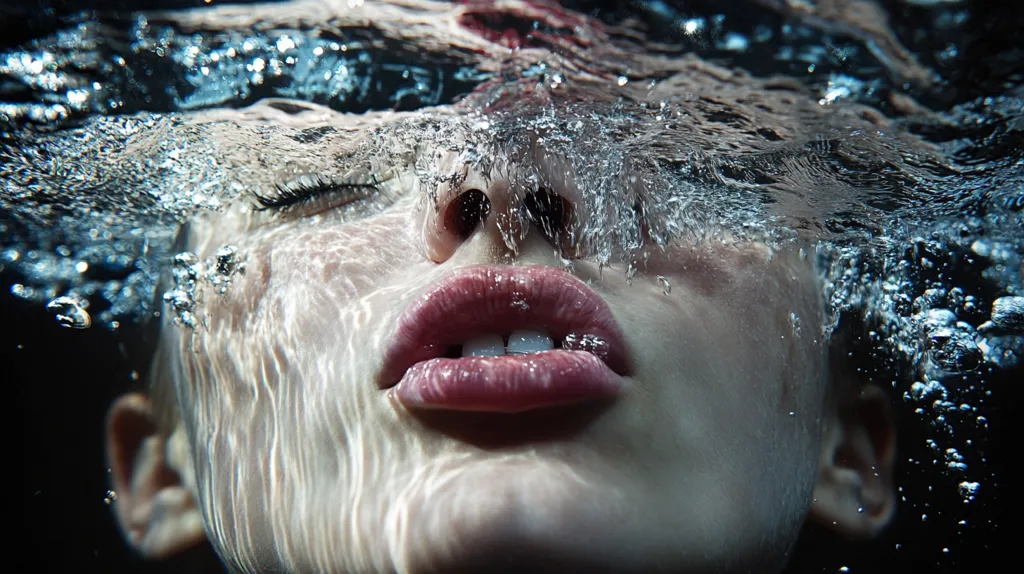 Close-up underwater shot of a woman's face.  Her eyes are closed, and her lips are slightly parted, revealing her teeth.  Bubbles rise around her face, distorting the image with refracted light. The water creates a dreamy, ethereal effect, highlighting the soft contours of her face and the texture of her skin. The background is dark, drawing focus to the central figure. The overall mood is serene and mysterious.