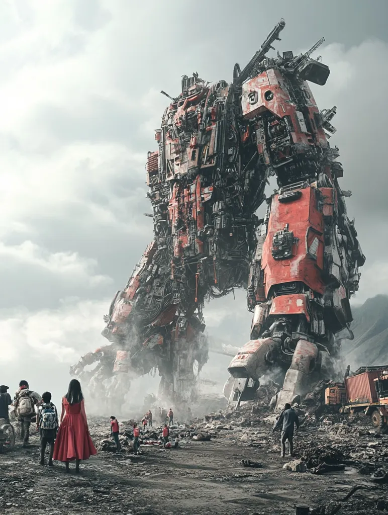 A colossal, dilapidated mecha, primarily red and grey, dominates a desolate landscape.  Its immense size dwarfs a group of small figures, seemingly civilians, who are walking away from it, suggesting a post-apocalyptic or war-torn setting.  Debris and wreckage surround the giant robot, adding to the scene's bleak atmosphere. The sky is overcast and moody, enhancing the overall sense of destruction and uncertainty.
