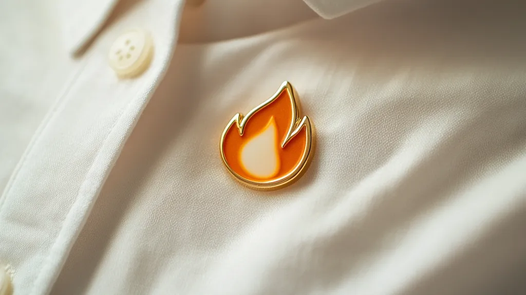 Close-up view of a gold-colored lapel pin shaped like an orange flame, affixed to a crisp white collared shirt.  The pin's design is simple and modern, with the flame's inner portion a lighter cream color. The shirt's fabric is smooth and subtly textured, with a button visible in the upper left corner. The overall image is clean, minimalist, and emphasizes the detail of the pin.