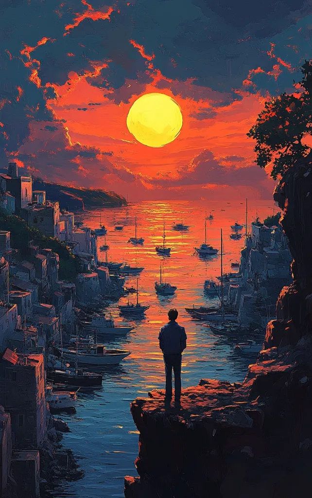 A solitary figure stands on a rocky outcrop overlooking a picturesque harbor at sunset.  The vibrant, almost fiery, sky displays a large, yellow sun descending toward the horizon.  Numerous boats are moored in the calm waters of the bay, nestled against a backdrop of a charming, cliffside village. The overall style is painterly and evocative, conveying a sense of peaceful contemplation and serene beauty.