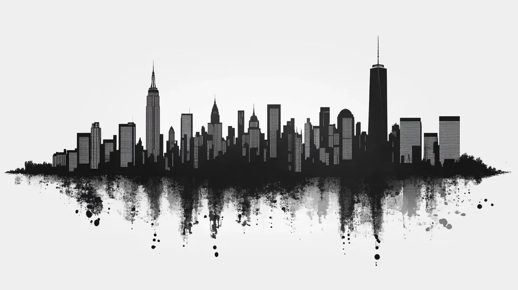 Here's a description of the image:

The image is a stylized black and white depiction of the New York City skyline.  The cityscape is rendered in silhouette, with various buildings clearly identifiable, including the Empire State Building and One World Trade Center.  The skyline is presented against a stark white background.  Below the city, a reflection is shown, rendered with a splattered, ink-like effect, creating a sense of movement and energy.  The overall style is graphic and modern, with a hint of grunge aesthetic from the textured reflection.