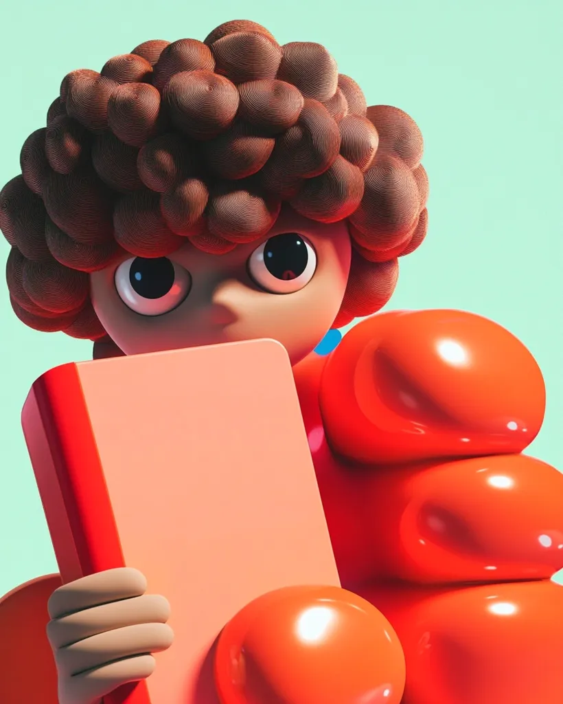 A 3D rendered cartoon character, a child with a large, curly brown afro, holds a peach-colored book with a red spine.  The child's expression is serious and their large eyes are prominent.  The character is partially obscured by a textured, bright orange, almost balloon-like form that surrounds them. The overall style is playful yet slightly mysterious, with a strong emphasis on bold colors and rounded shapes.  The background is a muted teal.