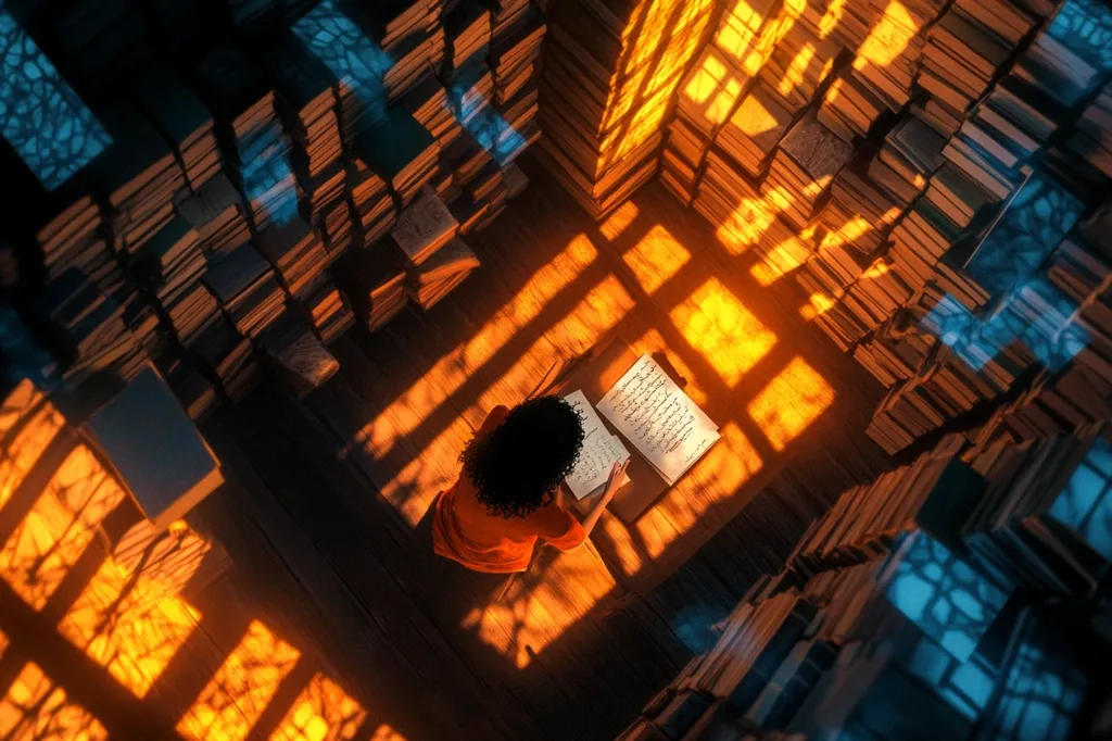 High-angle view of a person with dark curly hair, wearing an orange shirt, seated at a wooden desk nestled within a room entirely surrounded by towering bookshelves.  Warm sunlight streams through a window, casting patterned shadows across the floor and the open book the person is studying or writing in. The scene evokes a feeling of quiet contemplation and scholarly pursuit in a cozy, book-filled space.