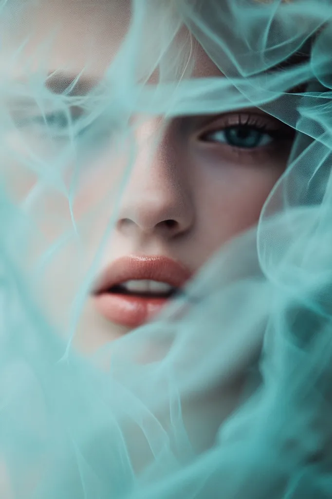 Here's a description of the image:

Close-up view of a woman's face partially obscured by a sheer, light teal fabric. Her eyes, particularly one, are visible, showcasing a striking blue iris. Her lips are full and softly colored, and her skin appears smooth and fair. The fabric creates a dreamy, ethereal effect, obscuring parts of her face while highlighting the delicate features that are visible. The overall mood is serene and mysterious.