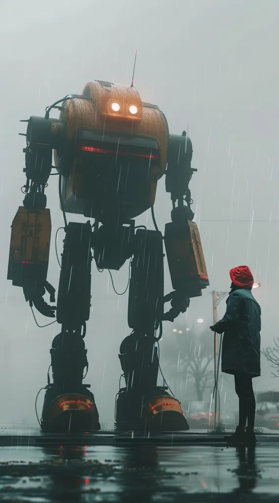 A large, weathered, orange and black robot stands in the rain. Its design is bulky and industrial, with visible wires and mechanical parts. A lone figure in a red hooded jacket stands small in comparison, near the robot's leg. The scene is set in a somber, rain-swept urban environment, with blurred background lights hinting at a city street. The overall mood is one of quiet contemplation and perhaps a hint of futuristic loneliness.