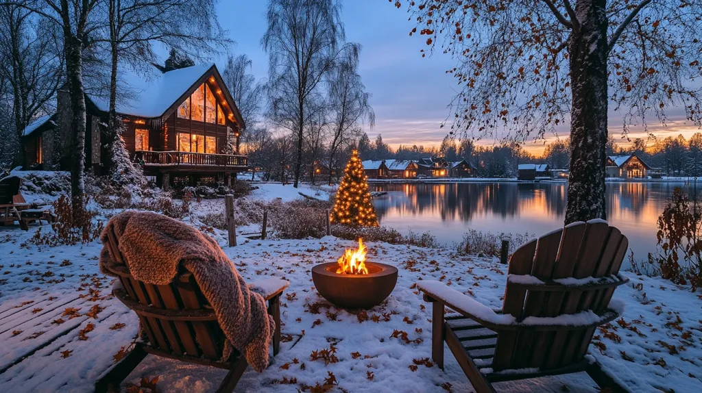 A picturesque winter scene unfolds: a snow-dusted log cabin glows warmly, nestled beside a tranquil lake reflecting the twilight sky.  A bonfire crackles between two Adirondack chairs draped with cozy blankets, inviting relaxation.  A beautifully lit Christmas tree stands nearby, adding to the festive ambiance.  Fallen leaves scatter across the snow, adding a touch of autumnal charm to the idyllic winter wonderland.