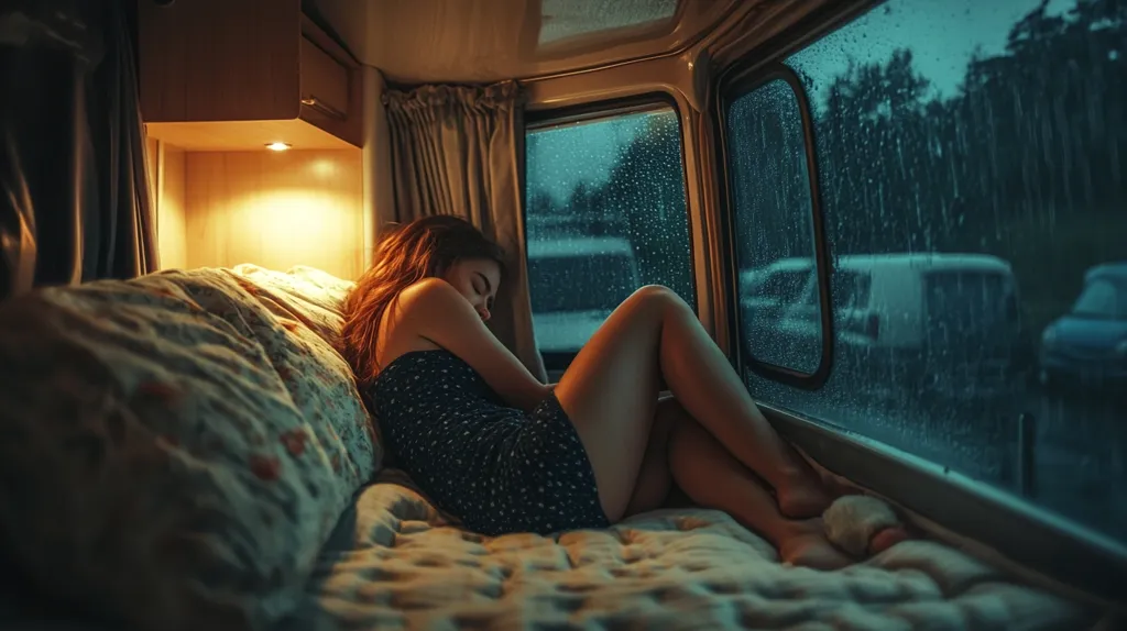 A young woman with long reddish-brown hair lies curled on a bed in a camper van.  She's wearing a dark, patterned short dress.  The warm interior light contrasts with the rainy, dark scene outside, visible through the large window.  The van's cozy, intimate atmosphere suggests a feeling of solitude and perhaps contemplation. Rain streaks the window, blurring the outside world.  The overall mood is quiet and introspective.