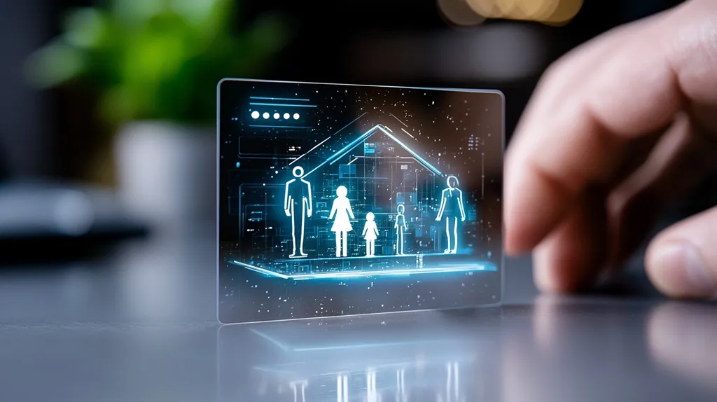 A hand hovers over a translucent digital screen displaying a family of four, symbolized by glowing figures under a house icon.  The screen is embedded with technological patterns and data points, suggesting a smart home or family management system.  The background is blurred, showcasing a dimly lit space with hints of greenery. The image evokes the concepts of family, technology, and home security or automation.