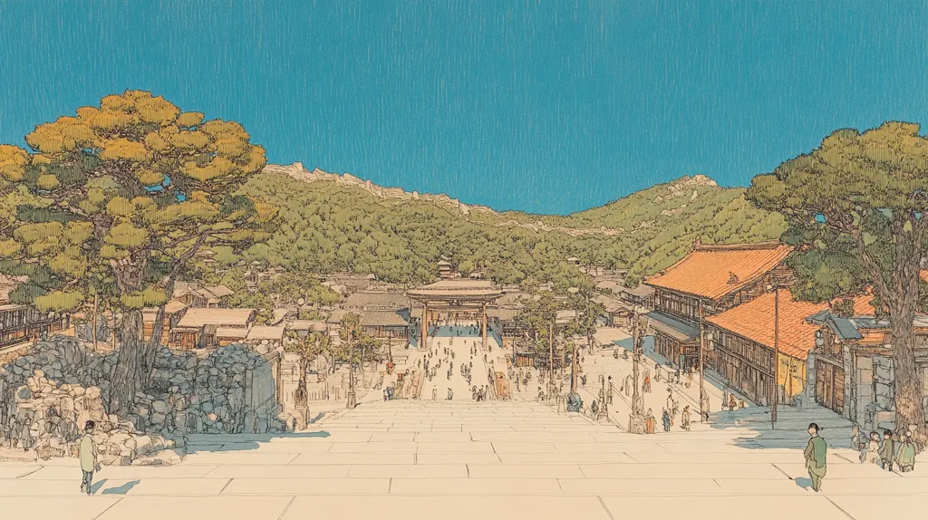 Here's a description of the image:

The artwork depicts a panoramic view of a Japanese temple complex nestled in a verdant hillside.  A grand staircase dominates the foreground, leading up to a large torii gate at the heart of the temple.  Traditional Japanese buildings with orange tiled roofs line either side of the staircase, populated with small figures of people.  Lush green foliage covers the hills in the background, with two prominent pine trees framing the scene in the foreground. The style is reminiscent of a detailed woodblock print, with precise lines and subtle color variations creating a sense of depth and serenity under a clear blue sky.