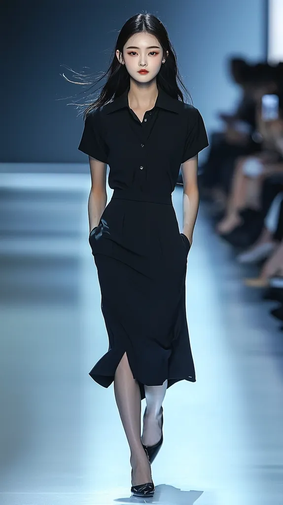 A young woman with long dark hair models a chic, minimalist black dress on a runway.  The dress features short sleeves, a collared neckline, and a fitted, midi-length skirt with a subtle slit.  Her makeup is clean and understated, enhancing her natural features.  The background is blurred, focusing attention on the model and her sophisticated attire.  She walks confidently, showcasing the elegant design.