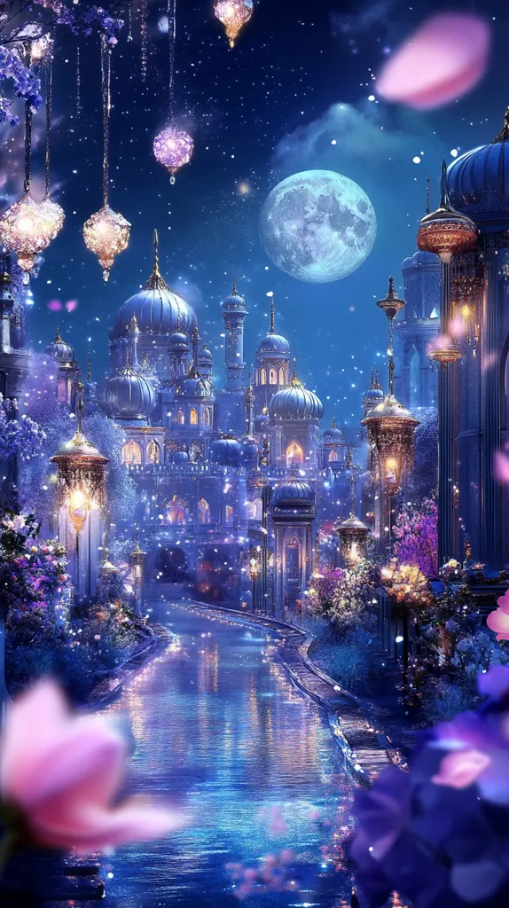 A breathtaking digital painting depicts a whimsical, nighttime scene.  A canal winds through a fantastical city, its buildings adorned with ornate domes and shimmering lights.  Hanging lanterns illuminate the waterway, reflecting the blue glow of the moon and the city's architecture.  Delicate pink blossoms and sparkling particles create a magical, ethereal atmosphere.  The overall effect is one of serene beauty and enchanting fantasy.