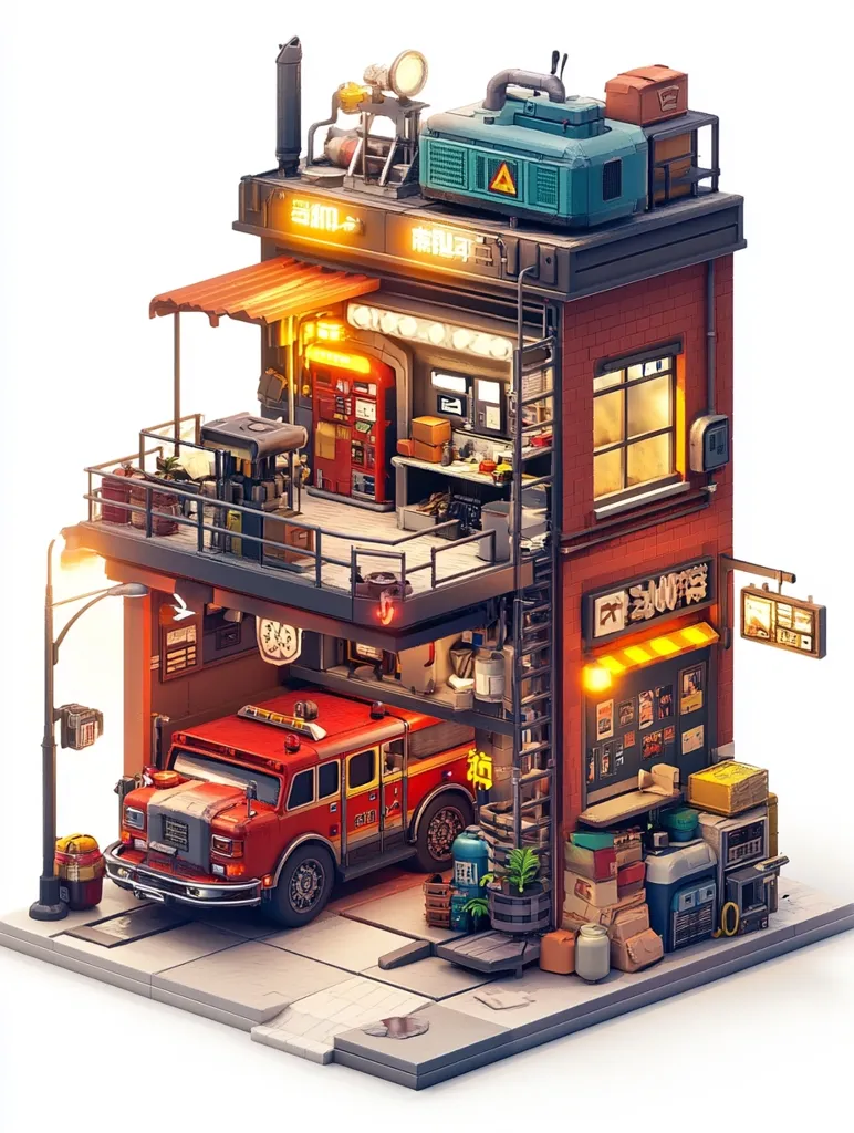 Here's a description of the image:

The image is a meticulously detailed digital rendering of a two-story building, possibly a fire station, with a retro-futuristic aesthetic.  The building is brick, with a cluttered but charming exterior and interior.  A firetruck is parked inside a ground-level garage.  Above the garage, a balcony provides access to what appears to be a combination workshop, repair shop and small convenience store.  Various tools, equipment, and supplies are visible, creating a sense of lived-in realism.  The scene is brightly lit, highlighting the intricate details and giving it a vibrant, almost toy-like quality.  Asian characters are visible on the building's signage, adding a unique cultural touch.