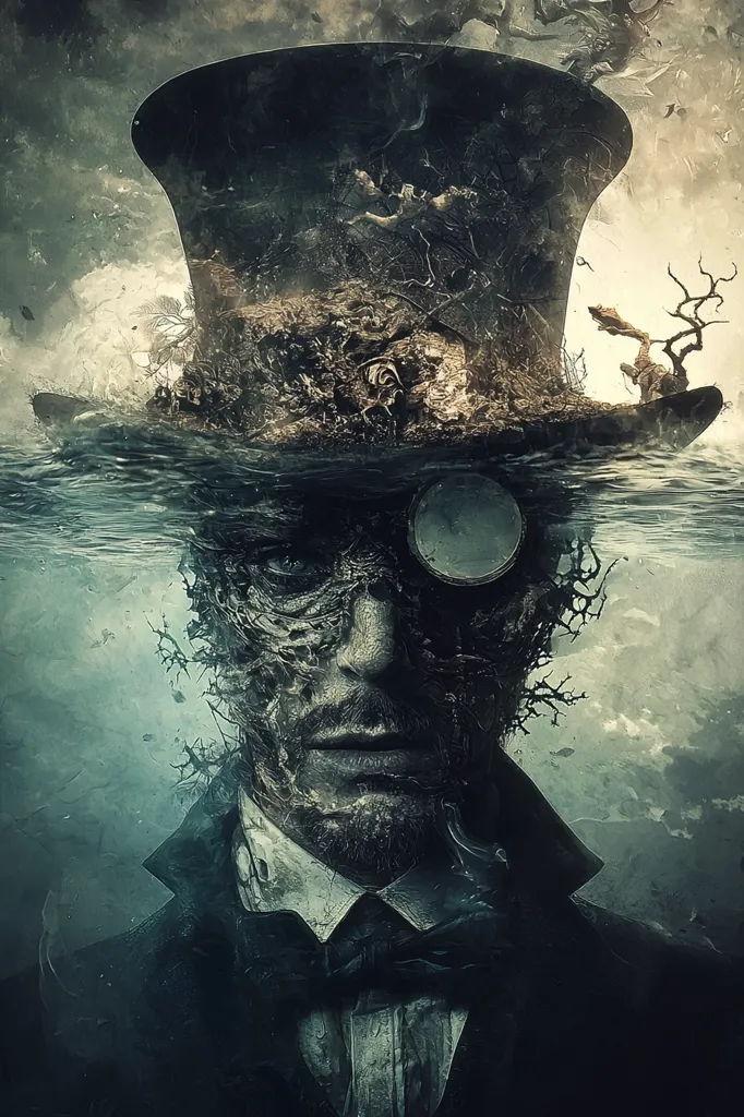 The image is a dark, surreal portrait of a man.  His face is partially submerged in murky water, with vines and decaying matter growing from his skin. He wears a top hat, which appears to be overgrown with vegetation, and a monocle. The overall effect is one of decay and submersion, a blending of nature and a decaying human form, creating a mysterious and unsettling atmosphere. The dark color palette and textured details heighten the sense of age and decay.