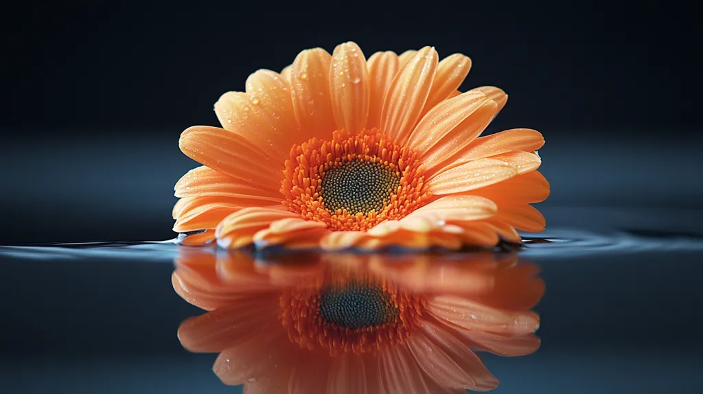 Here's a description of the image:

A vibrant orange gerbera daisy, its petals glistening with water droplets, floats serenely on a dark, still surface of water.  The reflection of the flower is perfectly mirrored below, creating a symmetrical and captivating image. The dark background provides a stark contrast, emphasizing the flower's bright color and delicate details. The overall mood is one of tranquility and natural beauty.