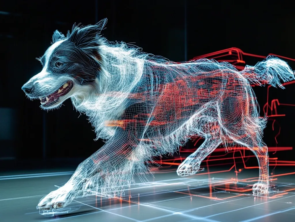 Here's a description of the image:

The image showcases a digital rendering of a Border Collie dog, depicted as a wireframe model in motion.  The dog appears to be running, its form composed of interconnected glowing lines, primarily white with accents of red.  A blurred, red outline of what seems to be a vehicle is visible in the background, adding a sense of depth and movement. The floor reflects the dog's form and the background elements, creating a futuristic, almost holographic effect.  The overall style is highly stylized and technological, suggesting a visualization of motion capture or 3D scanning technology.