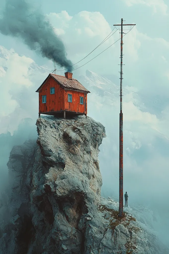 A solitary, small, red wooden house sits atop a rugged, grey rock pinnacle, smoke billowing from its chimney.  A tall, rusty utility pole stands nearby.  A lone figure is visible in the distance, observing the scene.  The background features misty, mountainous terrain under a pale sky, creating a surreal and somewhat isolated atmosphere. The overall impression is one of solitude and remoteness.