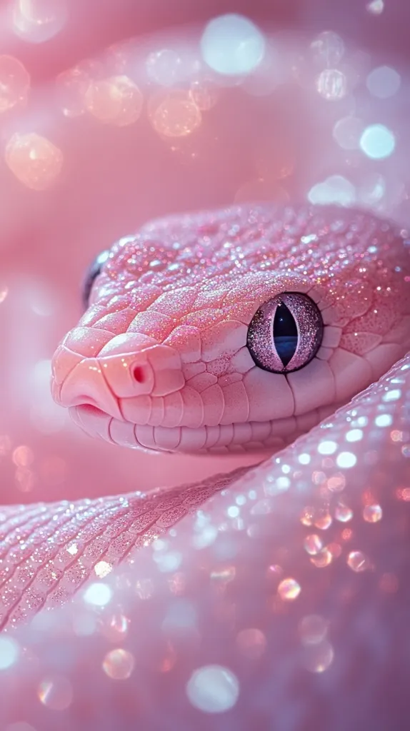 Here's a description of the image:

Close-up view of a pink snake, seemingly covered in glitter or a shimmering substance, its scales catching the light.  Its eye is visible, dark and reflective, contrasting against the light pink skin. The background is a soft, out-of-focus pink bokeh, creating a dreamy, ethereal effect. The overall impression is one of delicate beauty and fantasy.  The snake's head is slightly tilted, and its expression appears calm and serene.