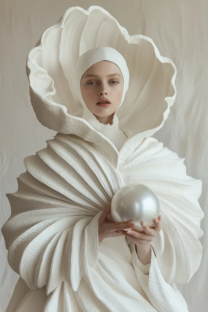 A woman in a striking, sculpted white garment resembling a large seashell holds a large pearl.  The outfit's intricate folds and the soft, creamy texture create a sense of ethereal elegance. Her serene expression and the monochromatic palette enhance the image's dreamlike, almost otherworldly quality. The overall effect is one of understated sophistication and classic beauty.
