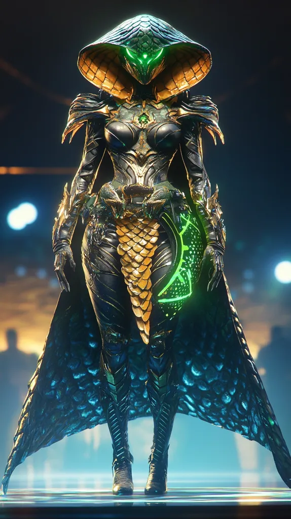 The image showcases a striking female figure, possibly a video game character or digital art piece.  She is adorned in elaborate, dark armor with gold accents, resembling scales and reptilian motifs. A large, cobra-like hood frames her face, which glows with an ethereal green light.  The character's attire includes a flowing, dark cape, and the overall aesthetic blends fantasy and sci-fi elements.  She stands on a reflective surface, possibly a stage, against a blurred background of lights and indistinct figures.