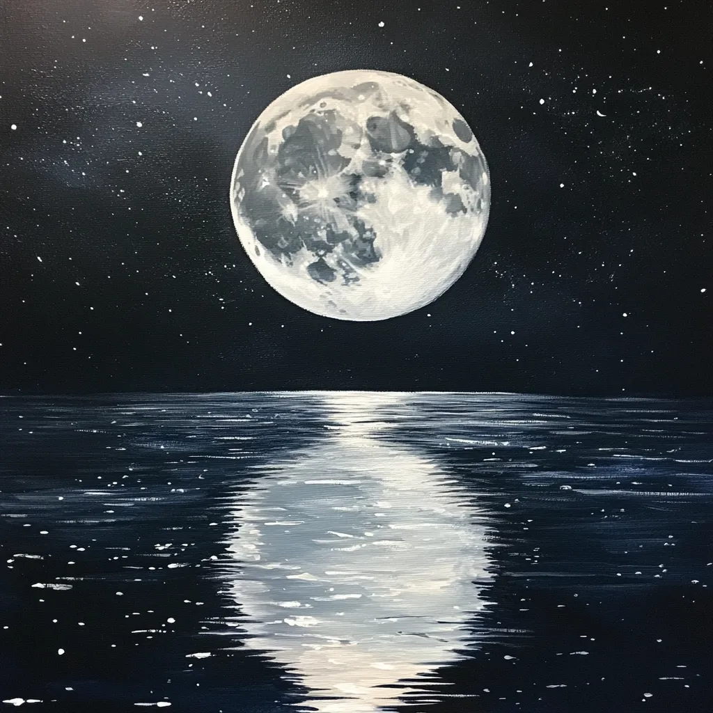Here's a description of the image:

The painting depicts a serene nightscape dominated by a large, full moon hanging low in the sky above a calm body of water.  The moon is rendered in shades of gray and white, showcasing its craters and texture.  Its reflection shimmers on the dark, rippling water below, mirroring its form.  A scattering of small white dots represent stars in the inky black sky, adding to the tranquil and peaceful atmosphere of the scene.  The overall style is simplistic yet evocative, focusing on the interplay of light and shadow.
